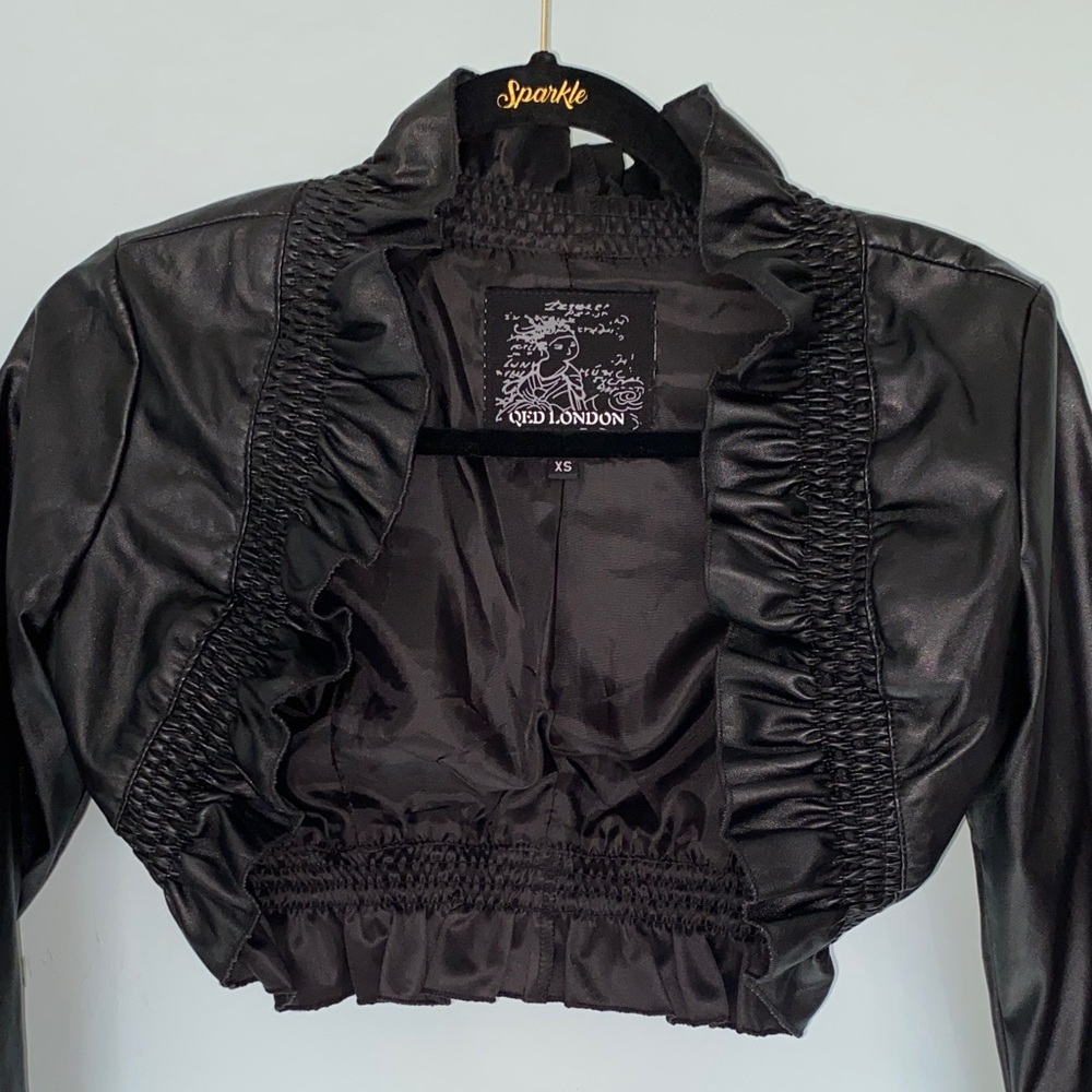 Black Faux Leather Ruffled Bolero Jacket